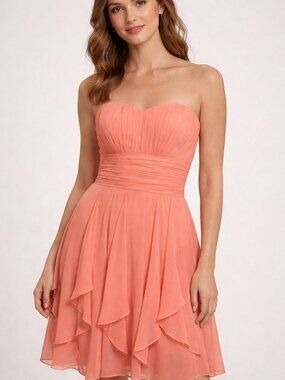Davids Bridal Strapless Chiffon Dress 6 Peach Flowy Bridesmaid Party Chic